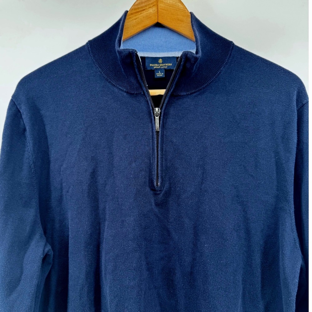 Brooks Brothers Mens L Navy Blue Supima Cotton 1/4 Zip Pullover Sweater